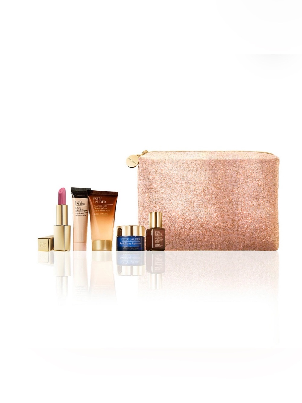 Estee Lauder Rose Gold Glitter Cosmetic Pouch set